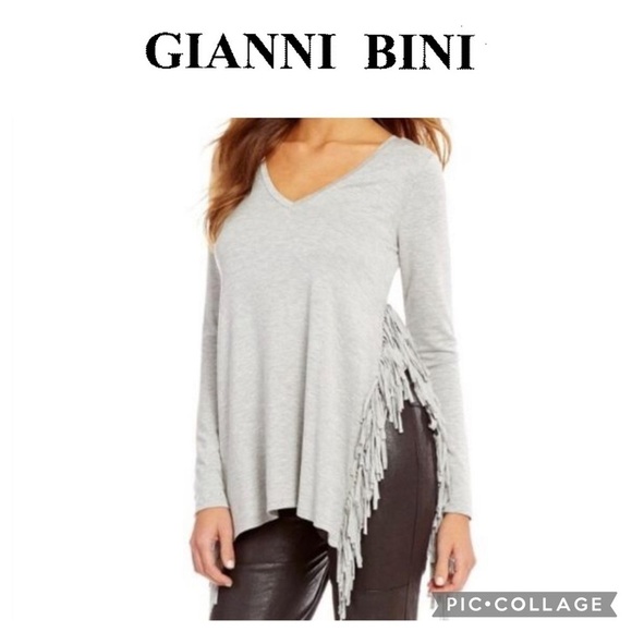 Gianni Bini Fringe Side Slit Long Sleeve Tee - Picture 1 of 9